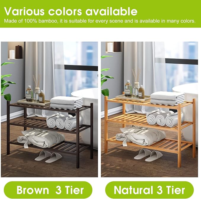 BMOSU 3-Tier Bamboo Shoe Rack Premium Stackable Shoe Shelf Storage Organizer for Hallway Closet Living Room Entryway Organizer (Brown Bamboo)