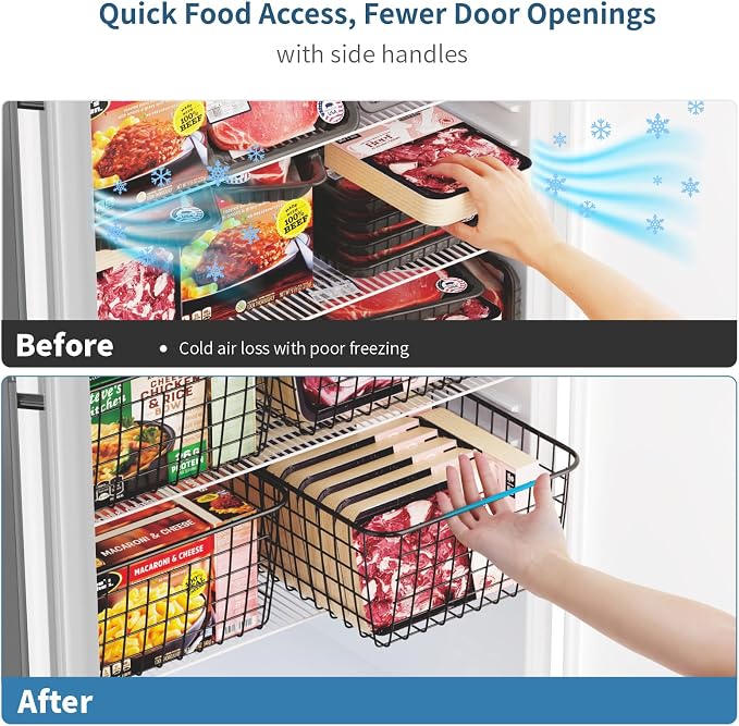 iSPECLE Freezer Organizer Bins - 4 Pack Upright Freezer Baskets for 16/17/21 Cu.Ft Stand Up Freezer, Wire Storage Slide-Out Access, Prevents Items Falling, 2 Large and 2 Medium, Black