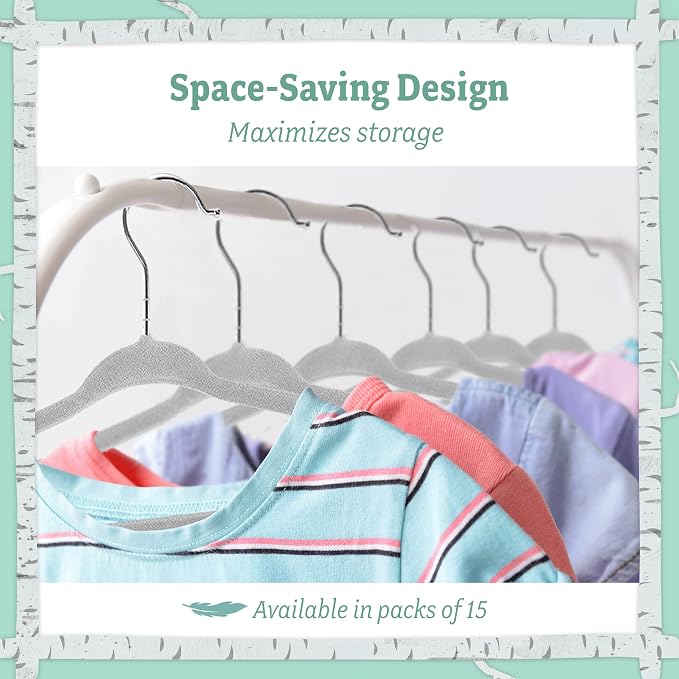 Kids Plastic Velvet Hangers for Closet, Children Non-Slip Hangers Dividers for Nursery Closet Organizer, Grey - Pack of 15