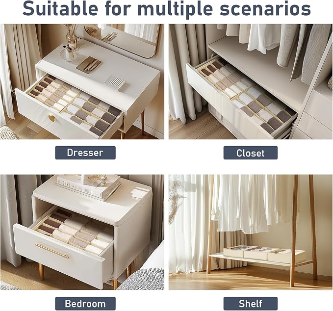 Joyoldelf Sock Drawer Organizer Divider 4 Packs Underwear Organizer, 2 x 24 Cell + 2 x 16 Cell Closet Organizers and Storage Sock Holders for Storing Socks, Handkerchiefs, Ties, Belts (Beige)