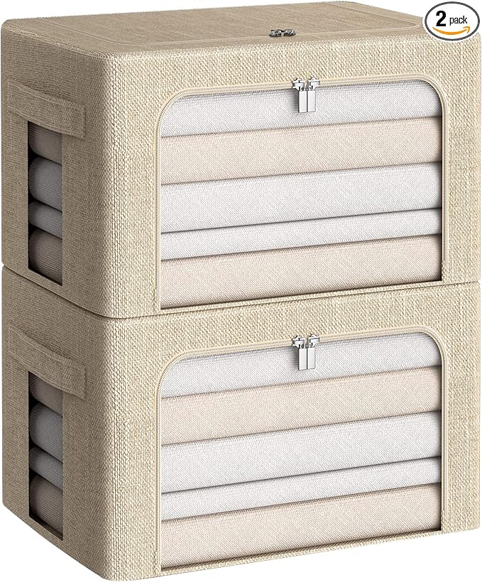 CYhom Clothes Storage Bins Box - Linen Fabric Foldable Stackable Container Organizer Set with Clear Window & Carry Handles & Metal Frame for Bedding, Blankets, Books (Beige, Medium-36L)