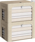 CYhom Clothes Storage Bins Box - Linen Fabric Foldable Stackable Container Organizer Set with Clear Window & Carry Handles & Metal Frame for Bedding, Blankets, Books (Beige, Medium-36L)