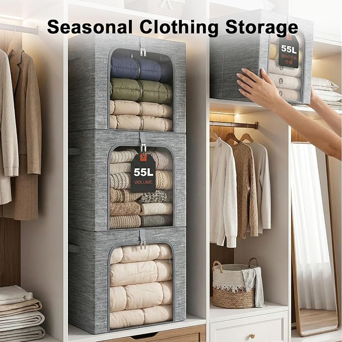 GoMaihe Clothes Storage Bins Metal Frame: 55L Extra Large Stackable Closet Storage Organizer with Lid & Clear Window, Heavy Duty Blanket Boxes for Winter Coats Comforters (Fits Deep Closet 4-Pack)