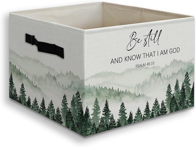 Forest Christian Basket Foldable Storage Bins Box with Handles, Be Still and Know That I Am God Bible Verse Religious Collapsible Organizer Basket for Christian Home Room Clothes Toys Books