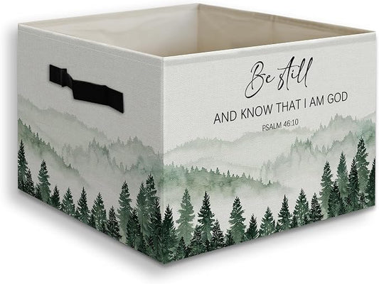 Forest Christian Basket Foldable Storage Bins Box with Handles, Be Still and Know That I Am God Bible Verse Religious Collapsible Organizer Basket for Christian Home Room Clothes Toys Books