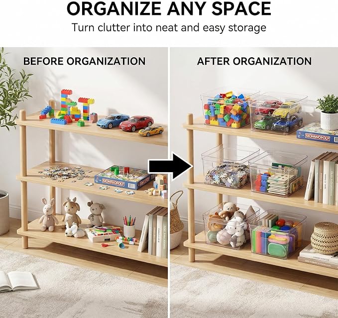 MOONEDGE 6PCS 10x10x6 Clear Plastic Cube Storage Bins with Handles,Open-Top | PET hard square organizer boxes for closet,pantry,kitchen,fridge,playroom,bathroom,under-sink and vanity organization