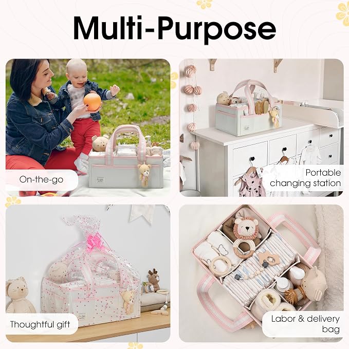 PeraBella Baby Diaper Caddy Organizer, XL Baby Basket Shower Gift Caddy, Portable Felt Changing Table Basket, Nursery Storage Bin, Newborn Boy and Girl Essentials for Registry, Car Diaper Organizer