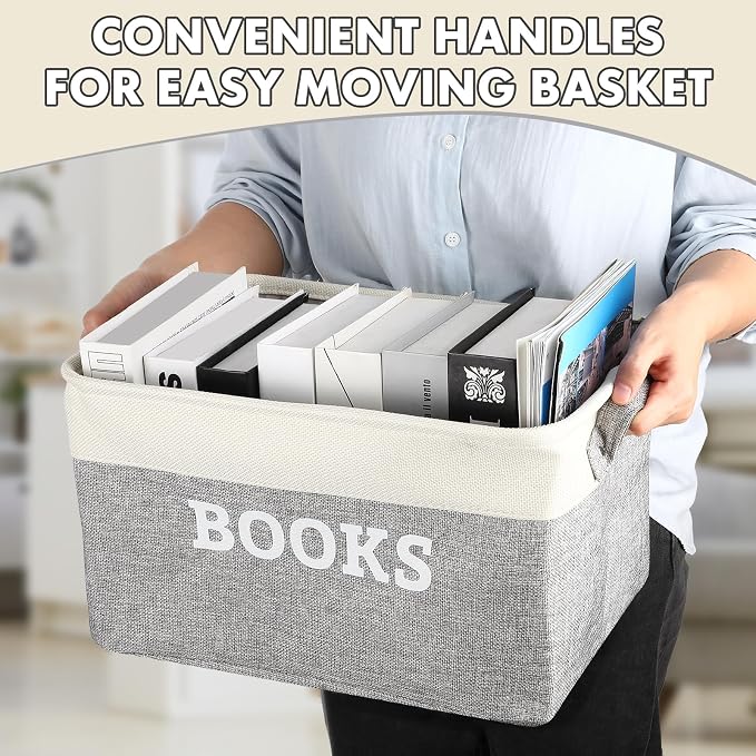 Lukeline Book Storage Baskets for Organizing, 15.5 x 11.6 x 9.4 Storage Basket for Books Cookbook and Recipe, Collapsible Storage Bin, Decorative Baskets for Home, Shelves, Classroom (BOOKS)