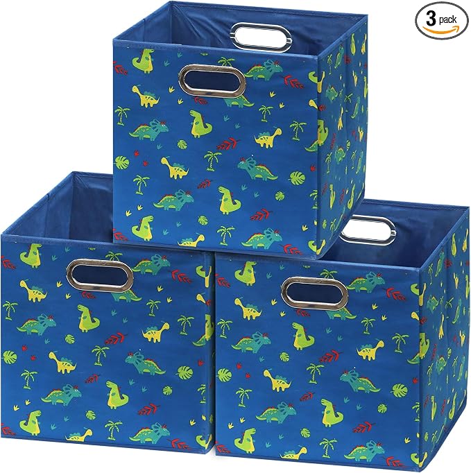 Simple Houseware 13-Inch Collapsible Fabric Cube Storage Bin with Handles, Printed Design, 3 Pack, Blue