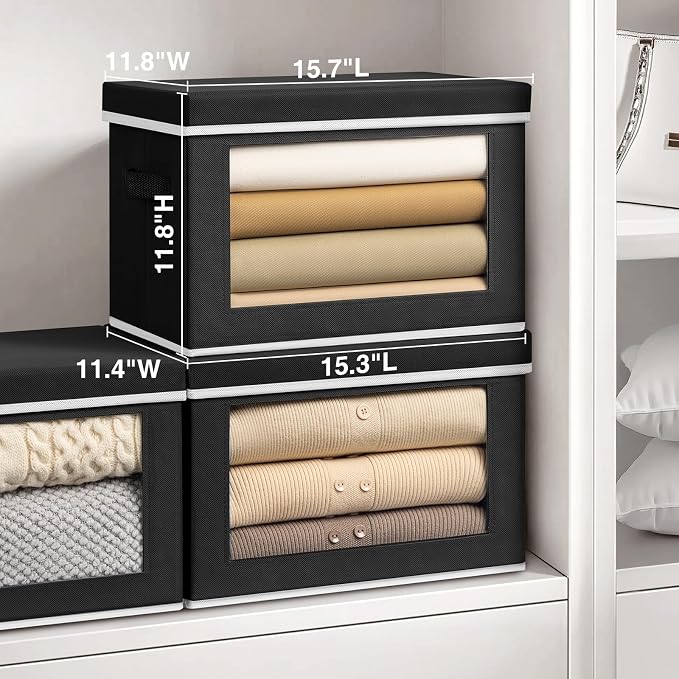 Homsorout Stackable Storage Bins with Lids - Large Decorative Basket with Lids, Fabric Foldable Closet Organizer Bins, Shelf Organizer for Living Room, Dorm, 5 Pack, Black
