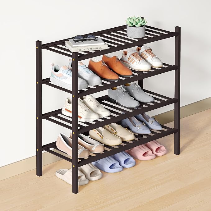 Smiry Bamboo Shoe Rack for Closet, 4 Tier Wooden Shoe Organizer, Stackable Wood Shoe Storage Shelf for Entryway, 14 Vertical Slats, 2+2 Stack Heavy-Duty Legs, 26.77"x11.02"x25.98", Brown