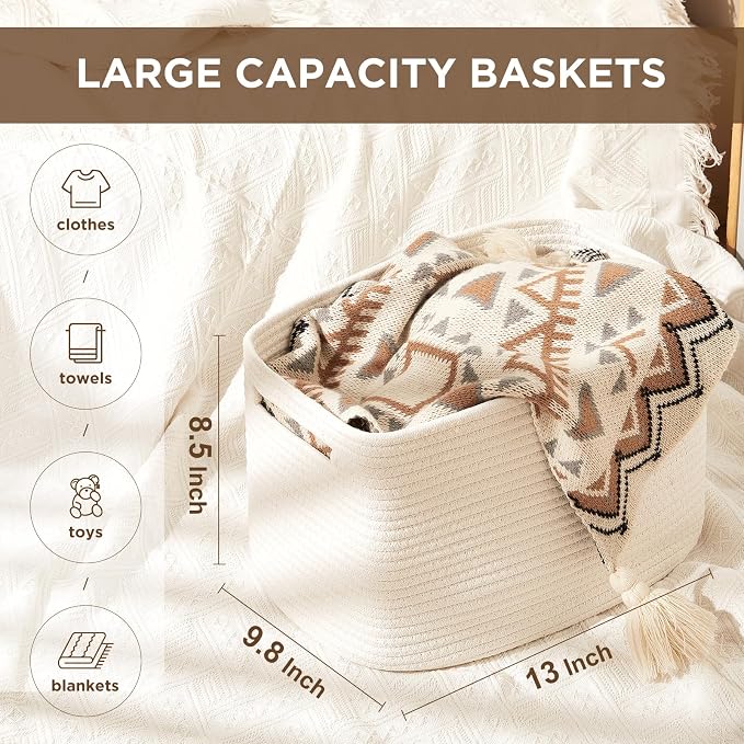Temary Woven Storage Baskets, Set of 3 Rope Baskets for Storage Clothes, Towels, Versatile Boho Storage Bins (White, 13"x9.8"x8.5")