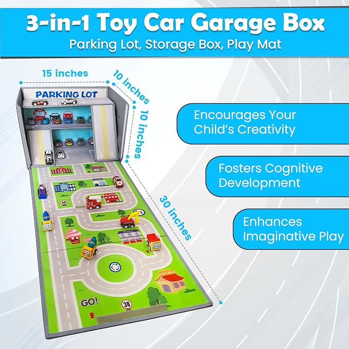 SAM AND MABEL Toy Car Garage Box with Play Mat – Kids' Racecar Storage Basket, Stackable and Collapsible Organizer Bin (Cars Not Included) Gray