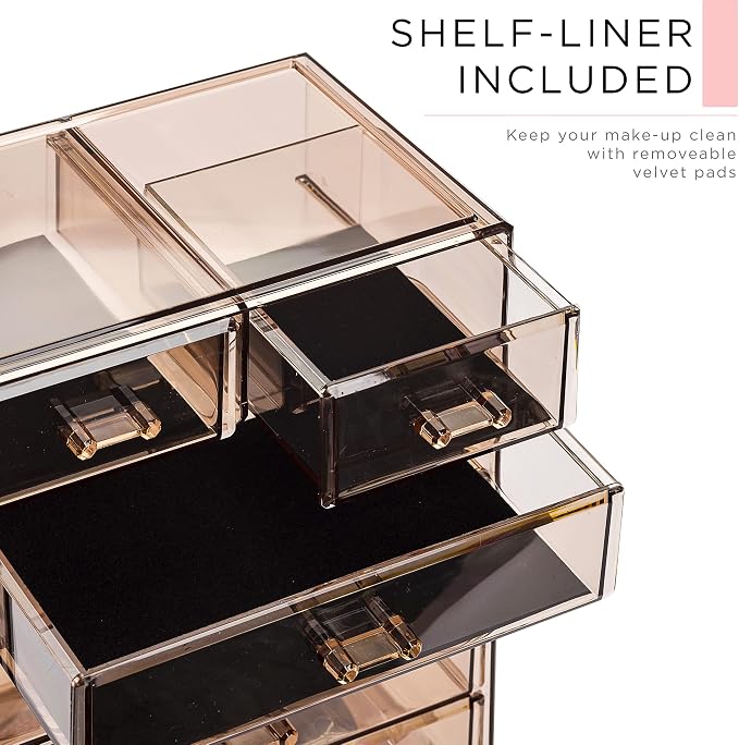 Sorbus Acrylic Makeup Organizer Set, 6-Drawer Vanity & Countertop Cosmetic Storage with Small & Wide Compartments, Bronze Glow Makeup Storage for Brushes, Jewelry – Holiday Gift for Women & Teens