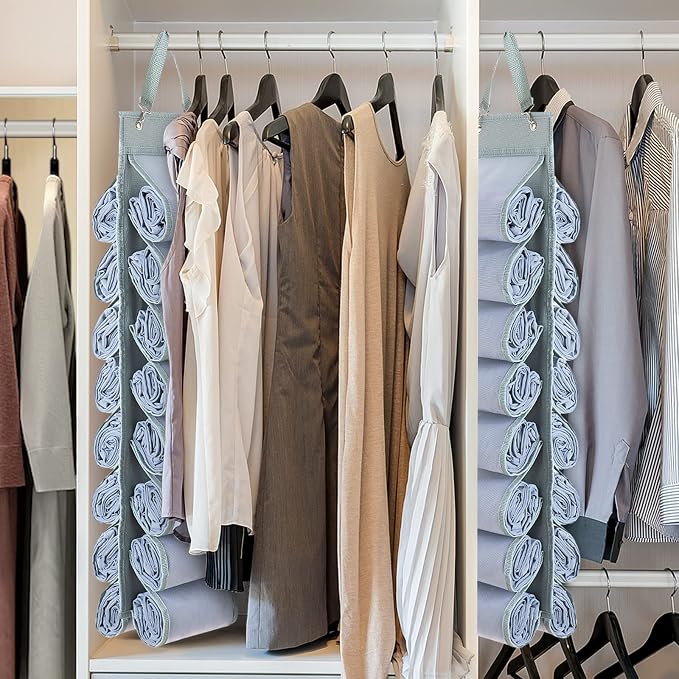DHSFKBE Legging Organizer Storage - 2PCS T Shirt Organizer, Hanging Closet Organizers and Storage with 16 Roll Independent Compartments for Yoga Pants, Towel, Bathing Suit (Grey)