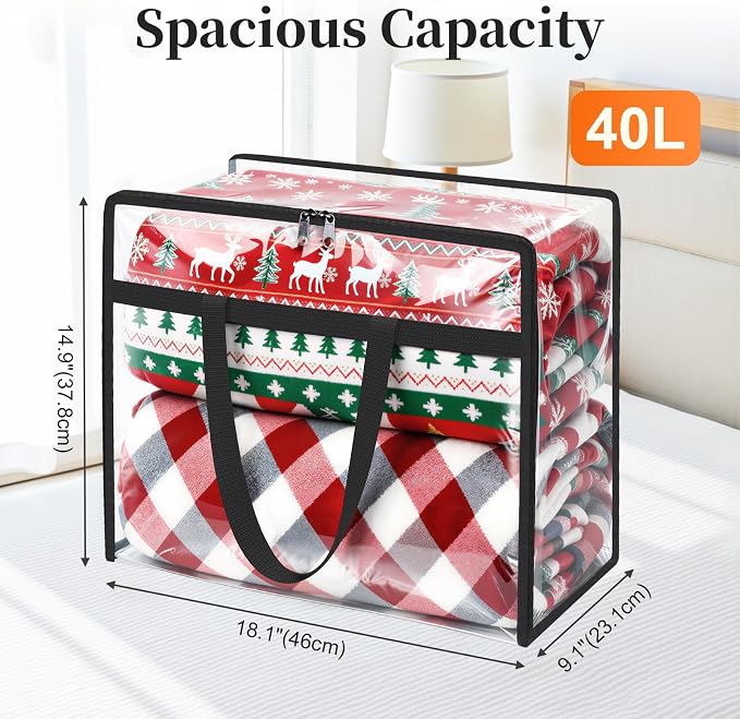 SpaceTrove Clear Clothes Storage Bags, 6 Pack Closet Organizers and Under Bed Storage Containers, Foldable Moving Bags with Zippers for Comforter, Blanket, Bedding, Duvet, PVC Packing Bags 40L