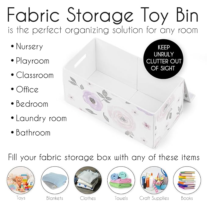 Sweet Jojo Designs Purple Watercolor Floral Girl Small Fabric Toy Bin Storage Box Chest For Baby Nursery or Kids Room - Lavender, Pink and Grey Shabby Chic Rose Flower