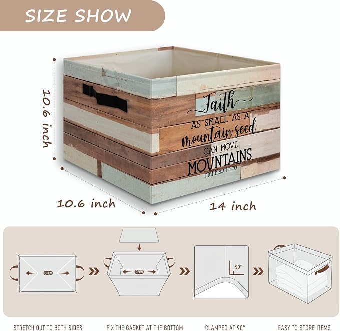 Retro Farmhouse Christian Bible Basket Foldable Storage Bins Box with Handles, Matthew 17:20 Bible Verse Religious Collapsible Organizer Basket for Christian Home Room Clothes Toys Books