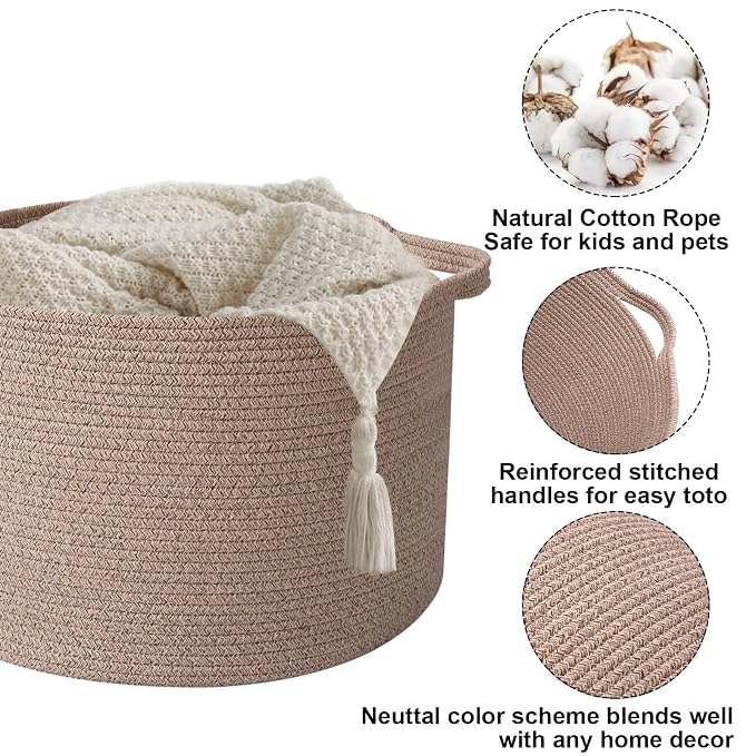 115L Large Blanket Basket,23.6" L x 23.6" W x 15.7" H Rope Woven Baskets with Handles, Toys Storage Bins,Laundry Basket Perfect for Living Room, Nursery,Bedroom,Home Organization,Brown