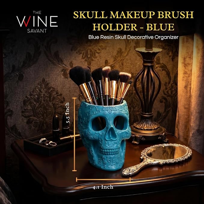 Skull Makeup Brush Holder, Pen Holder, Vanity, Desk, Office Organizer, Stationary, Decor Planter, Candy Bowl, Goth Decorations, Extra Large, Skulls Gothic Skull & Bones Organizer Bathroom (Blue)