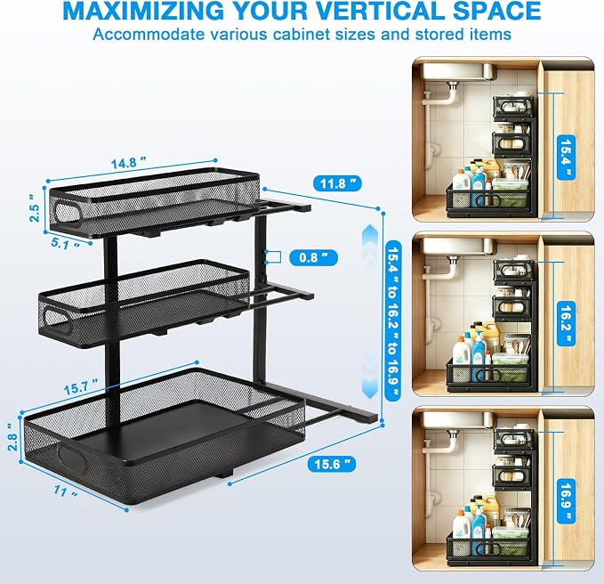 Under Sink Organizer, 1-Pack 3-Tier Thickened Metal Pull out Cabinet Organizer Shelf, Height Adjustable Slide out Storage Drawer Rack for under sink organizer bathroom Kitchen,Laundry Room & Pantry | Space-saving cabinet organizer, solid build, easy as...