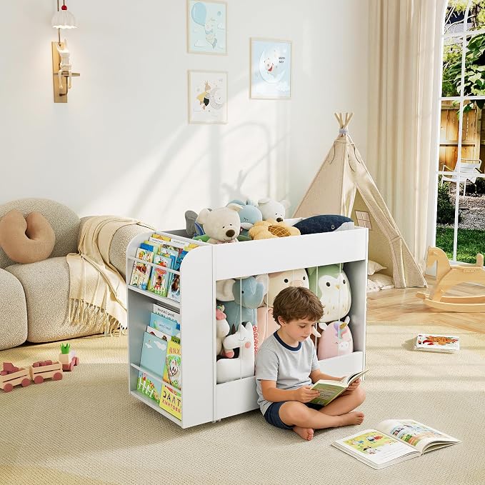 3-in-1 Toy Storage Box with Bookshelf and Chalkboard, Large Stuffed Animal Toy Chest on Wheels, Kids Toy Storage Organizer Bin for Kids Room, Nursery & Playroom, for Kids, White