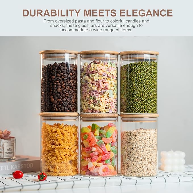 6 Pack 50oz Round Glass Food Storage Jars with Lids, Clear Airtight Containers for Coffee, Sugar, Flour, Spices, BPA-Free