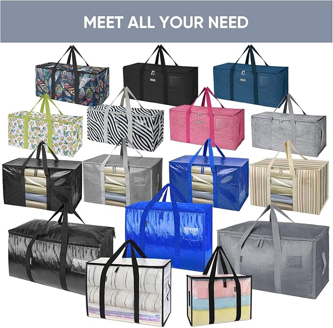 TICONN 4 Pack Extra Large Moving Bags with Zippers & Carrying Handles, Heavy-Duty Storage Tote Moving Boxes for Space Saving (4 PK, 75 Gallon)