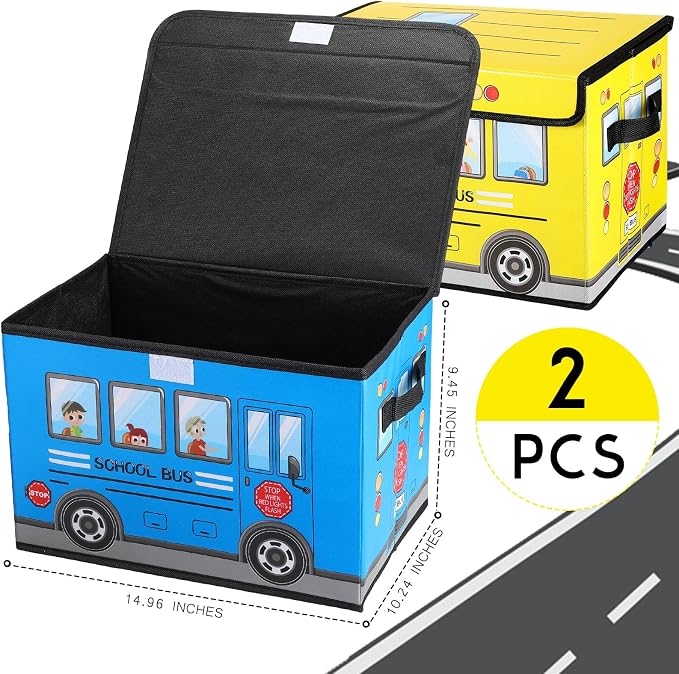 Sweetude 2 Pcs School Bus Treasure Box for Classroom, Foldable Chest Storage Toy Box Chest with Lid Treasure Storage Organizer Bin for Kids Teachers Toy Prizes Awards for Students(Yellow, Blue)
