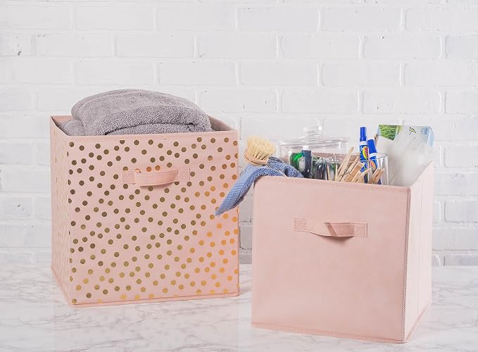 DII Non Woven Polyester Storage Bin, Polka Dot, Pink & Gold, Small Set of 4