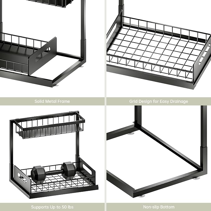 Under Kitchen Sink Organizer 2 Tier, Pull Out Bathroom Sink Organizers and Storage, Cabinet Kitchen Bathroom Storage Organization Shelf, 1 Pack Black