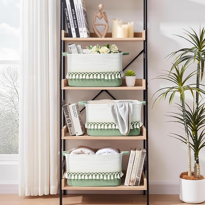 2 Pack Storage Basket, Heavy Tassel Woven Baskets for Storage, Boho Cotton Rope Storage Bin, Cube Organizer Bins, Baby Laundry Basket for Clothes, Toys, Diapers, Pets（White & Green）