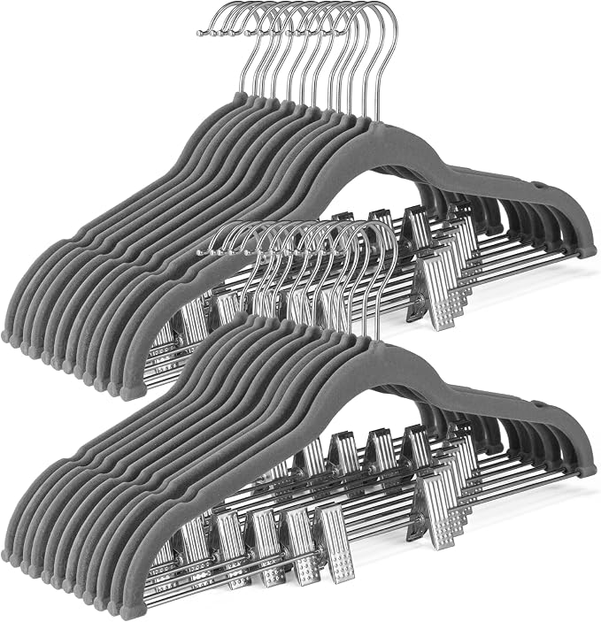 HOUSE DAY Velvet Skirt Hangers 36 Pack, Grey Hangers with Adjustable Clips | Space Saving Slim Felt Pant Hanger, Heavy Duty Shorts Hanger, Non Slip Clip Hangars for Pants, Skirts, Shorts, Outfit