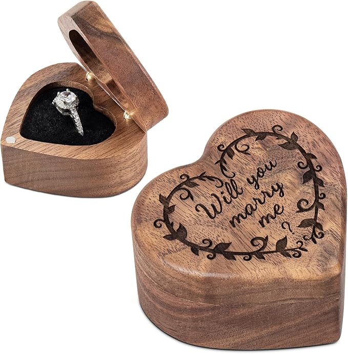 Engagement Proposal Ring Box Secret Slim Engraved Wooden Heart Case | Engrave"Will you marry me?", Walnut Wood Ring Bearer Box Jewelry Storage Holder Display for Wedding Ceremony Commemoration
