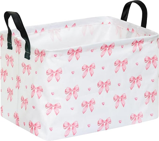 Pink Bow Canvas Storage Basket Waterproof Laundry Hamper with Leather Handles Collapsible Decorative Bin for Girls Bedroom Toys Clothes Gift Giving
