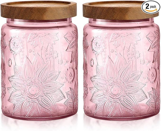LemonRoad 2 Pcs Vintage Glass Storage Jars 23.67 oz Candy Jar Canister with Solid Wood Lids Food Storage Container for Kitchen, Ground Coffee, Tea, Sugar, Decorative Mason Cookie Jars (Pink)