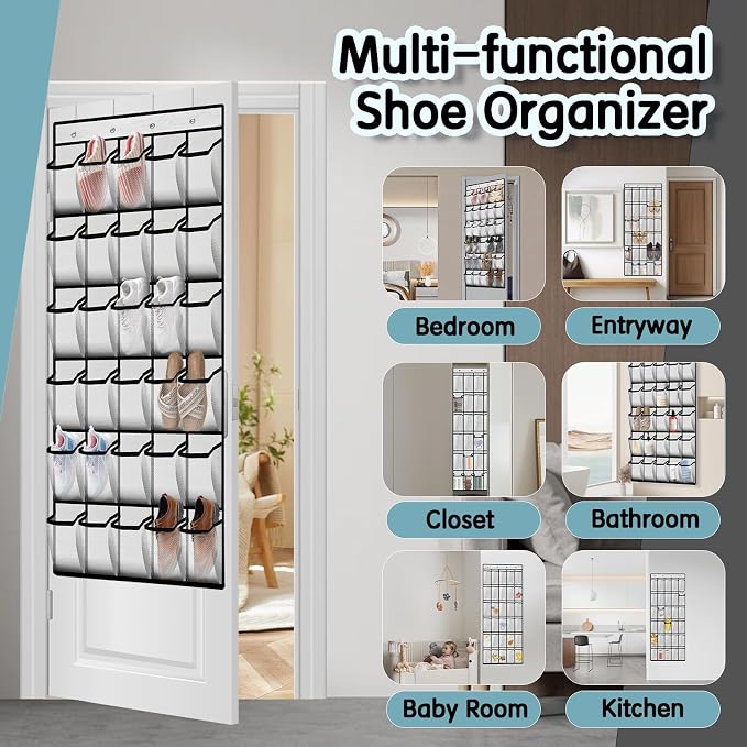 Kotkn 30 Compartment Breathable Mesh Pocket Over the Door Hanging Over the door shoe organizer Shoe rack Over door shoe organizer Hanging shoe organizer (White, 30)