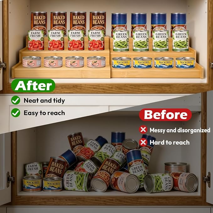 Artcochan 3 Tier Expandable Bamboo Can Rack Organizer for Pantry，Adjustable Pantry Organizers Holds Up to 24 Soda Cans,Canned Food Storage for Kitchen Cabinet Countertop