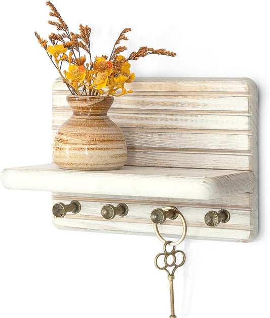 Rebee Vision Pine Wood Key Holder Wall Mount – Mini 7-inch Key Holder for Wall with Wooden Shelf – Perfect Home Decor for Entryway, Living Room & Bedroom (Distressed White)