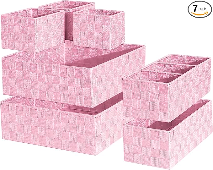 Drawer Organizer, Cube Baskets for Storage Shelves, Handmade Small Woven Basket, Shallow Storage Bins for Organizing Desk, Dresser, Kitchen, Pantry, Nested 7 Pack, Pink
