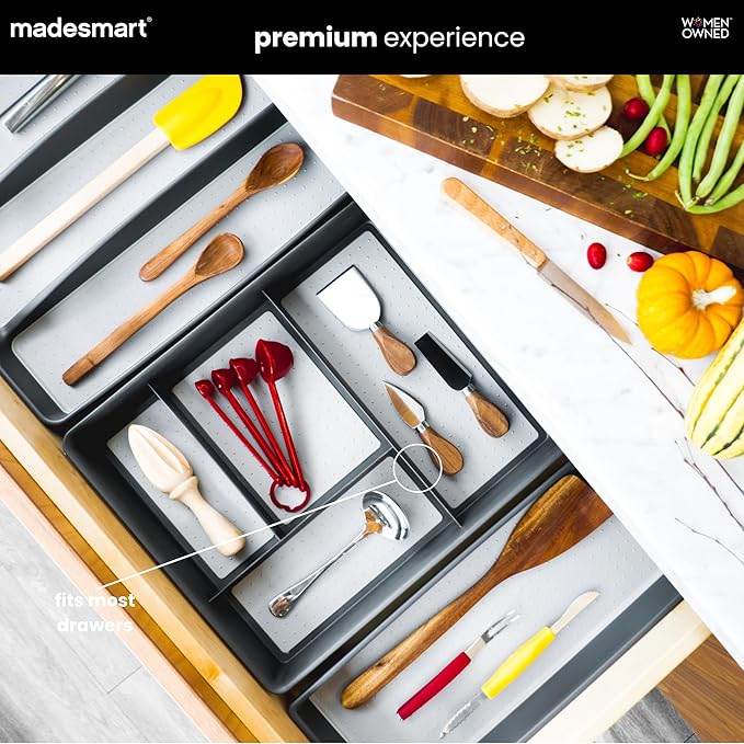 madesmart 4 Compartment Drawer Organizer, Multi Purpose Storage for Utensils, Office Tools, Cords, & Small Household Items, Tech Accessories, Arts & Crafts Supplies, Non Slip Lining, Granite