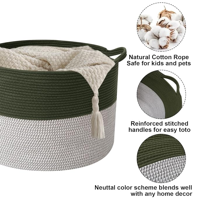 90L Extra Large Blanket Basket,Rope Woven Storage Basket with Handles, Laundry Hamper for Toys, Clothes, Pillows & Towels, Perfect for Living Room, Nursery & Bedroom,Green&White