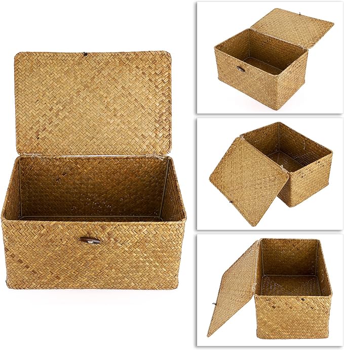 Hipiwe Wicker Shelf Baskets Bin with Lid, Handwoven Seagrass Basket Storage Bins Rectangular Household Basket Boxes for Shelf Wardrobe Home Organizer, Caramel Large