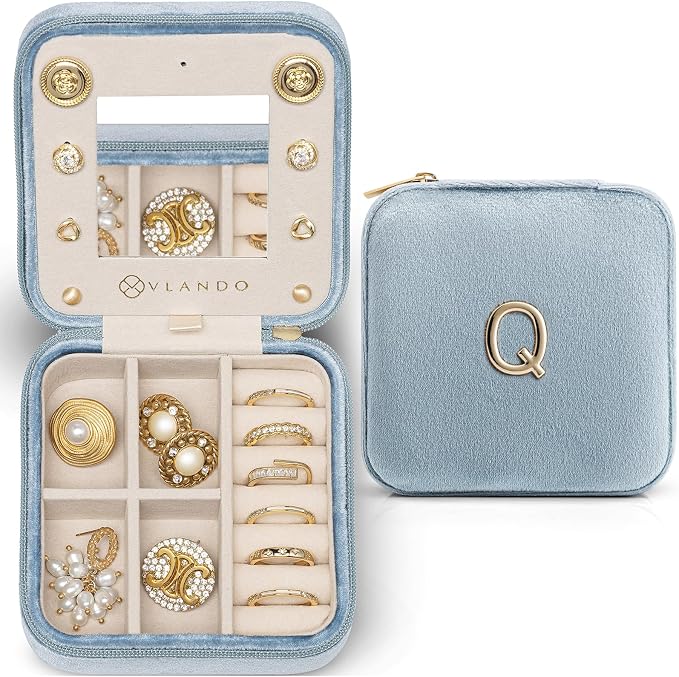 VLANDO Travel Jewelry Organizer for Women, Jewelry Organizer, Necklace Organizer Earrings Ring Organizer, Jewelry Travel, Gifts for Women Travel Essentials - Letter Q, Blue