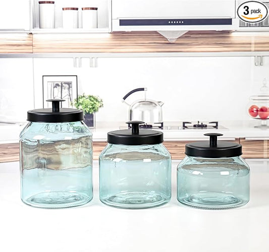 Glass Cookie Jar Food Container with Airtight Metal Lid Set of 3 (Blue)