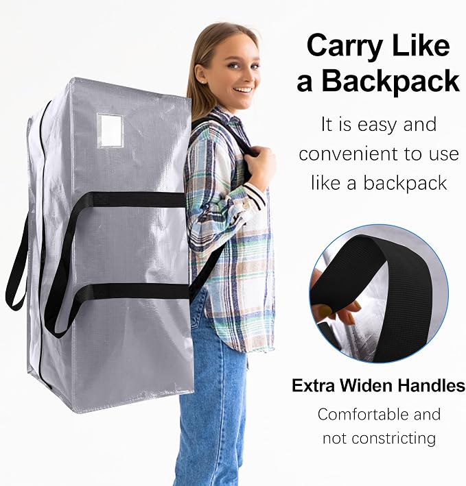 VELVETSURE Heavy Duty Extra Large Moving Bags W/Backpack Straps - Strong Handles & Zippers, Storage Totes For Space Saving, Fold Flat, Alternative to Moving Box and Storage Bin (Set of 6, Silver)
