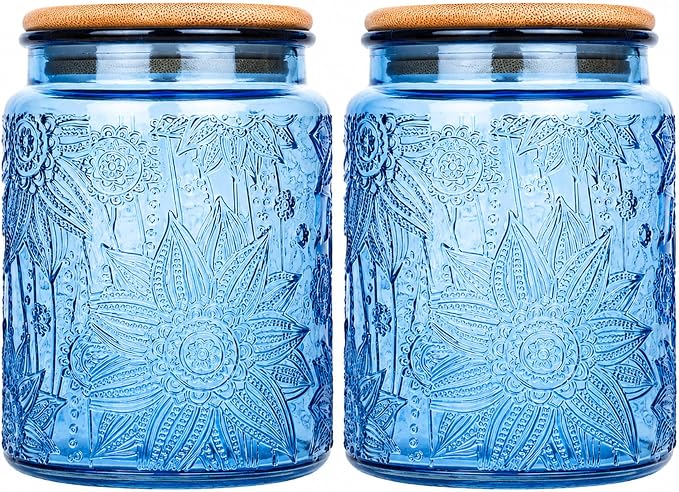 Custde Glass Storage Jars With Airtight Lid, 23.7oz Canister For Kitchen Counter with Bamboo Lid, brown sugar, candy, coffee, cookie, salt, tea,pantry cute Jar (Blue 2-Pack, 23.7 fl oz)