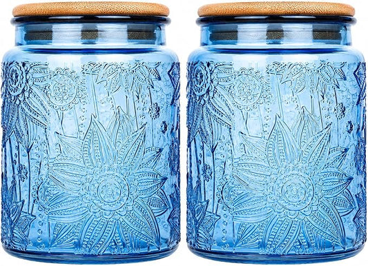 Custde Glass Storage Jars With Airtight Lid, 23.7oz Canister For Kitchen Counter with Bamboo Lid, brown sugar, candy, coffee, cookie, salt, tea,pantry cute Jar (Blue 2-Pack, 23.7 fl oz)