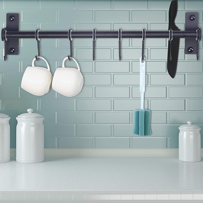 Dseap Pot Rack - Pots and Pans Hanging Rack Rail with 8 Hooks, Double Bars, Pot Hangers for Kitchen, Wall Mounted, Black, Pack of 2