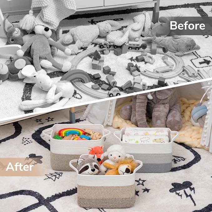 Goodpick Woven Storage Basket, 13"x10"x9" Cotton Rope Organizer for Dog Toys, Books, Stylish Gift Basket with Handles, Small Laundry Baskets for Shelves, Gradient Brown